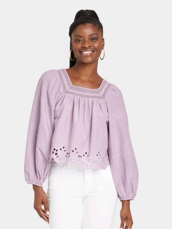 Universal Thread Tops - Pastel Purple Bishop Sleeve Blouse Cottagecore Prairie Square Neck Eyelet XS